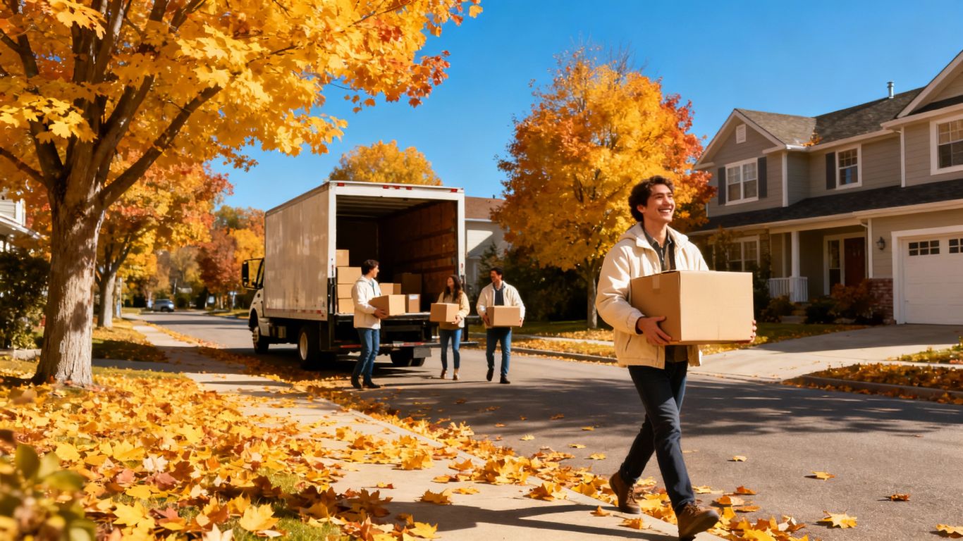 People moving boxes outside home on a bright autumn day.