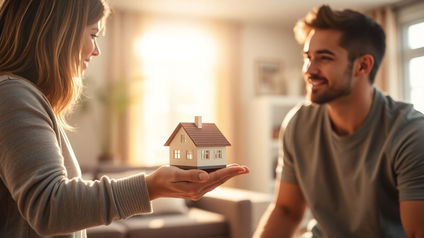 Eltern übergeben Hausmodell an Kind im Wohnzimmer.