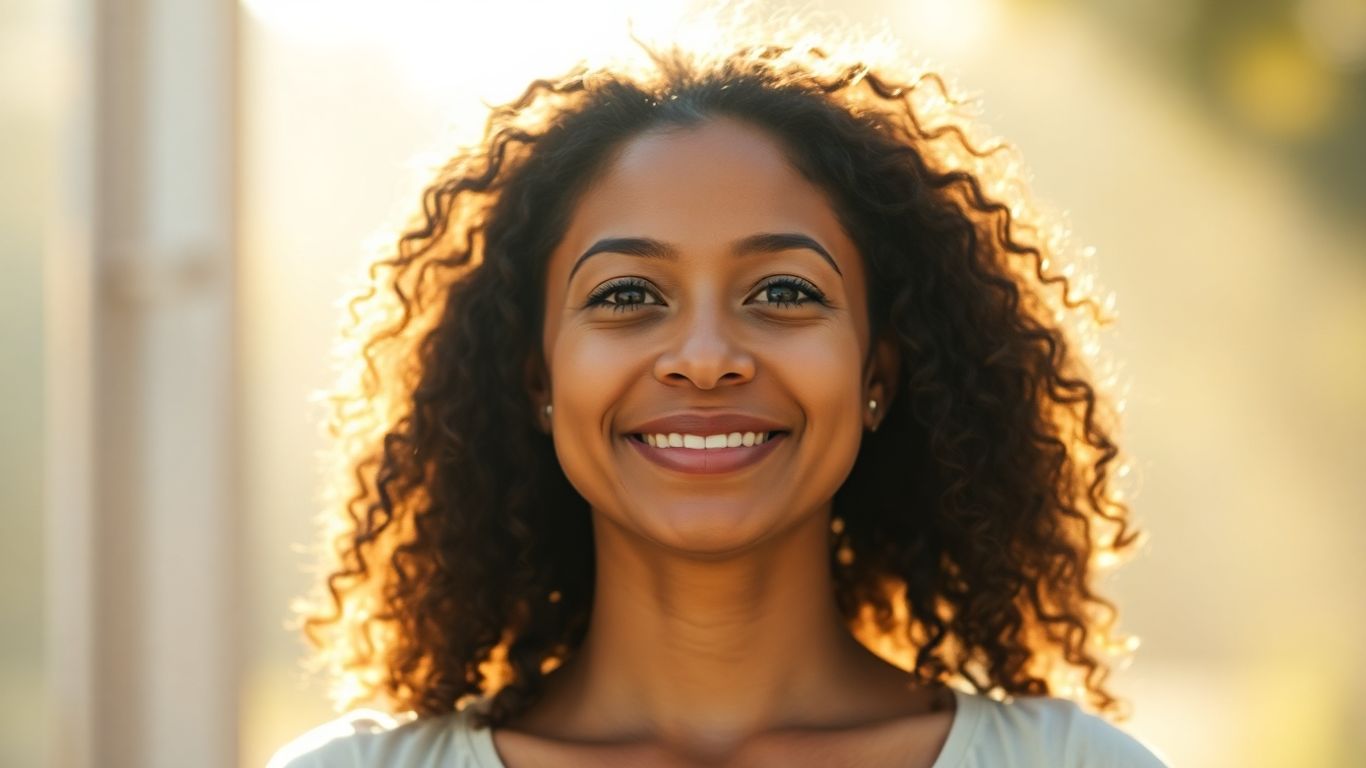 Person smiling confidently, feeling grateful and at peace.