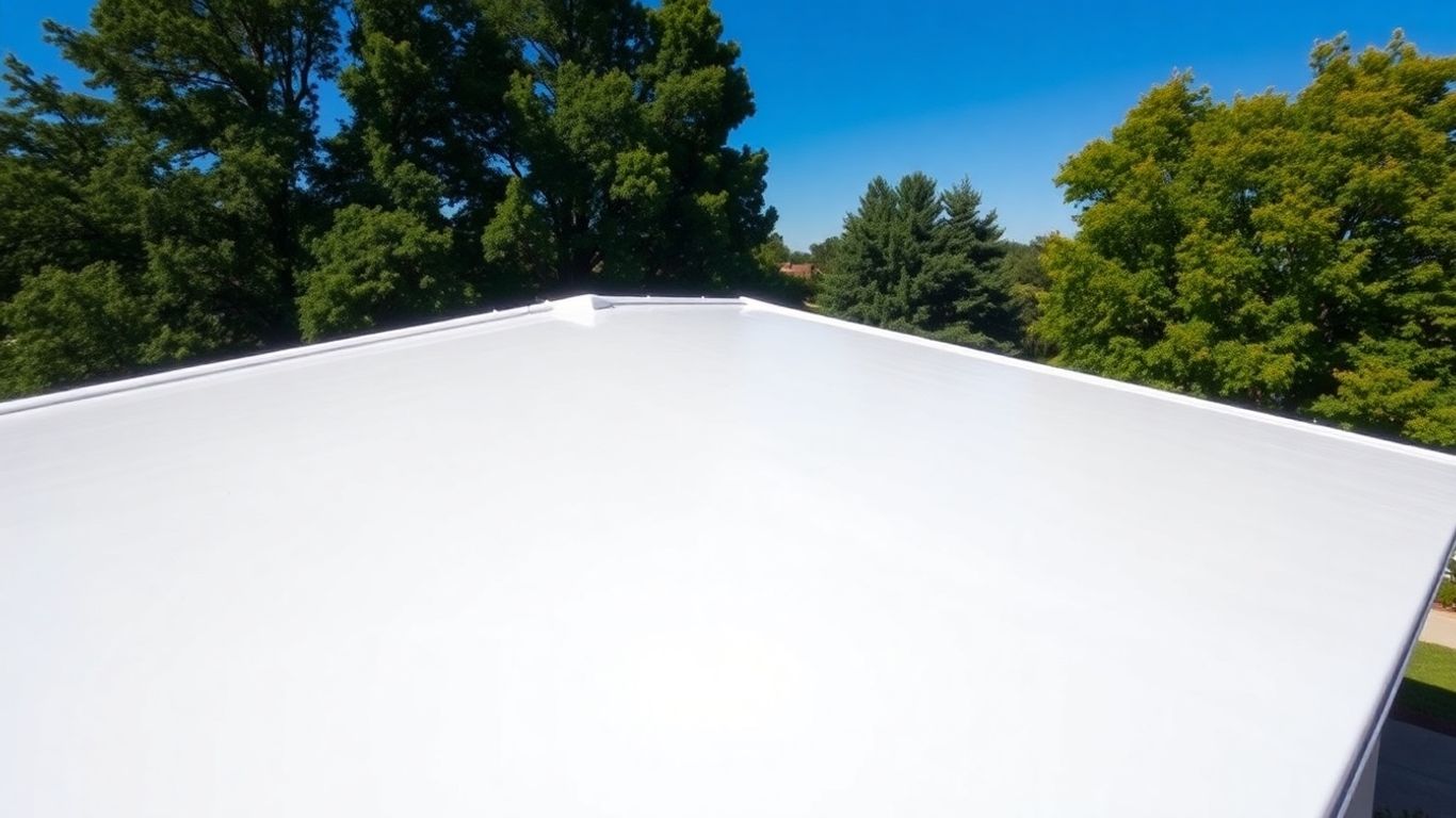 White acrylic roof coating on a sunny day.