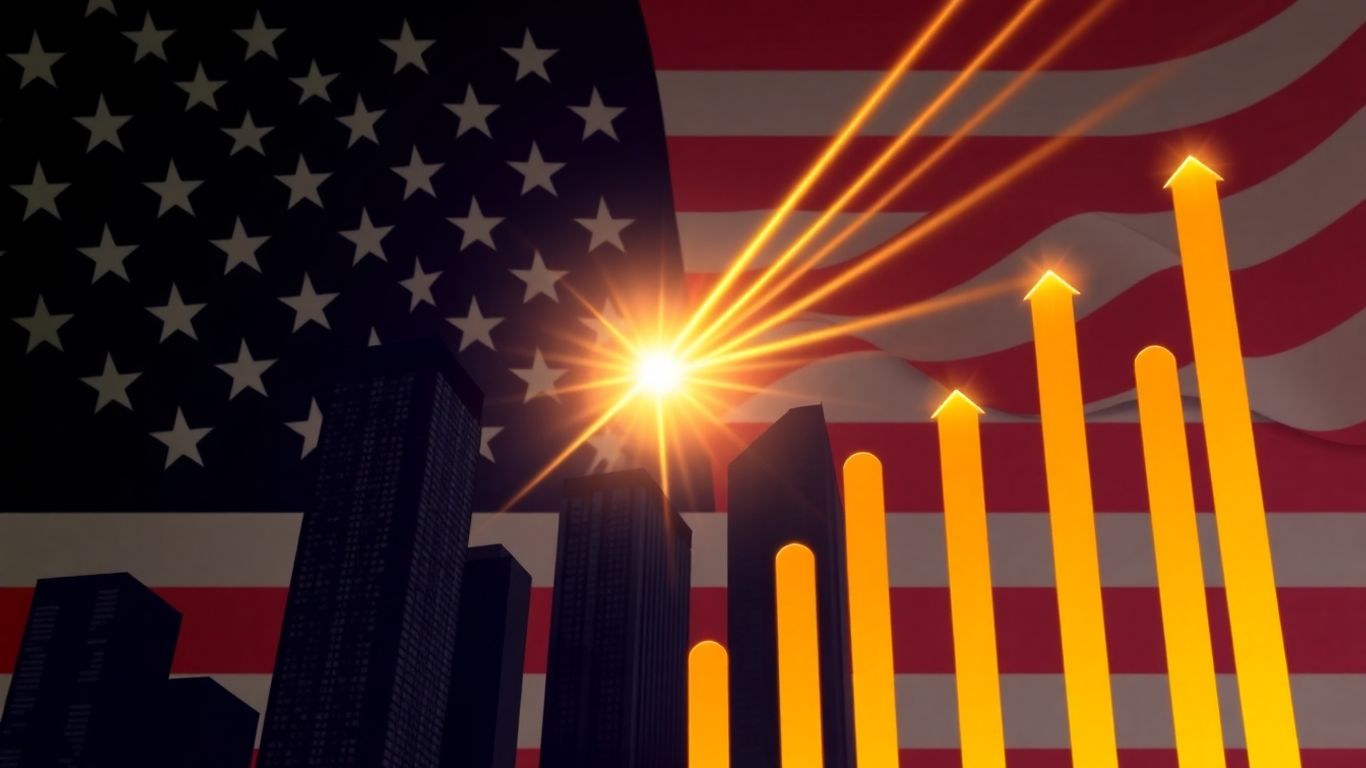Upward trending visual with American flag and skyscrapers.
