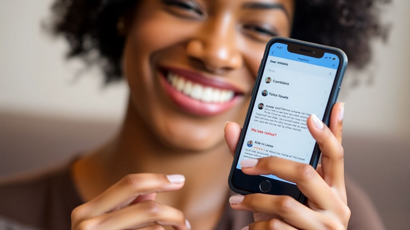 Client reviews on a smartphone screen.