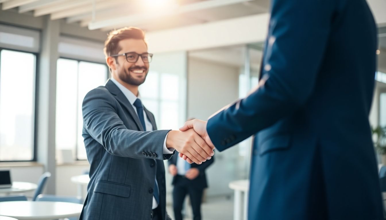 Professional networking handshake, symbolizing connection and opportunity.