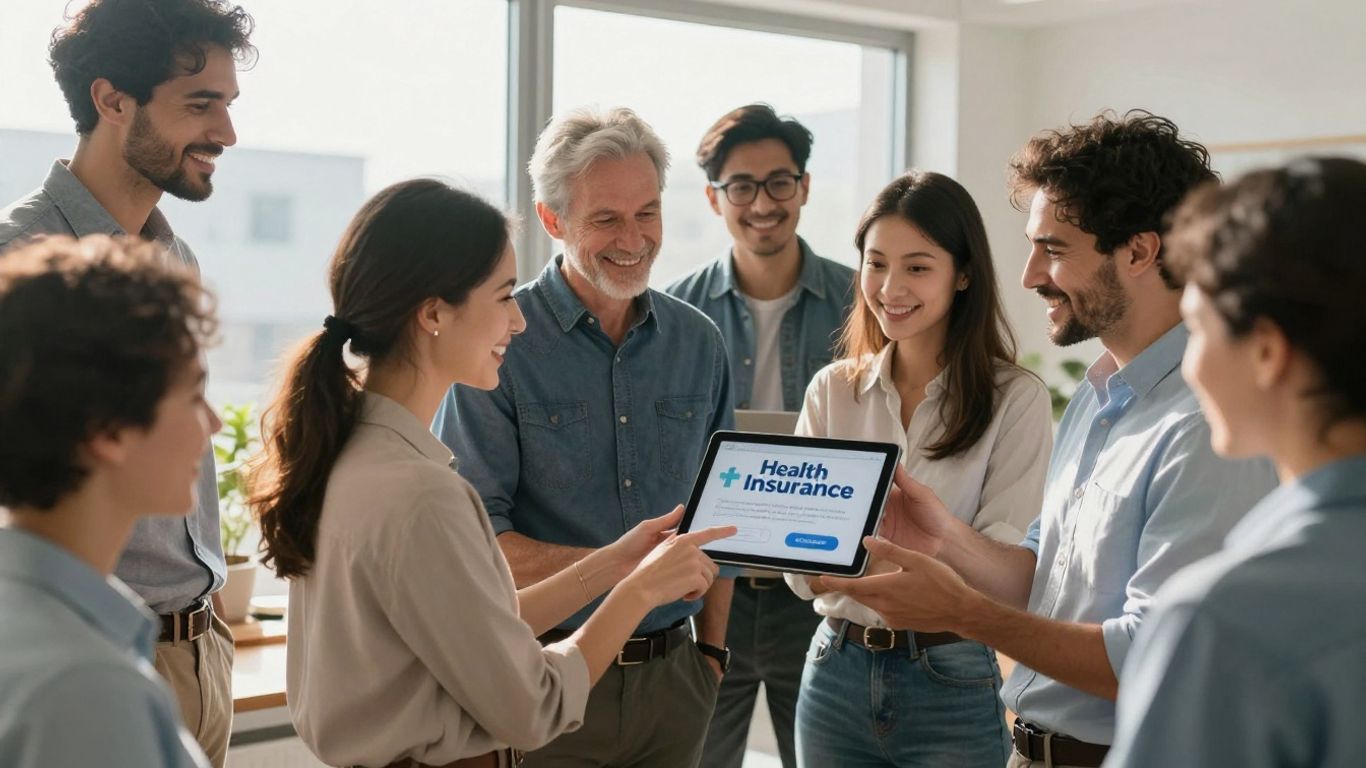 Employees reviewing health plan options on a tablet.