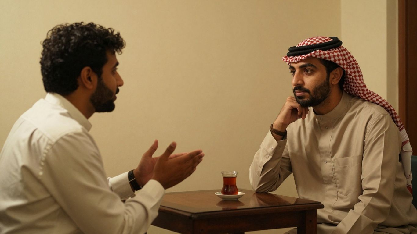 Two people talking supportively in a calm, comfortable setting.