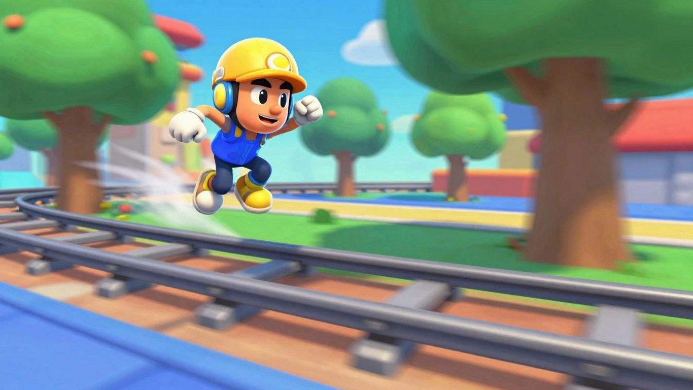 Subway Surfers game character jumping over obstacles.