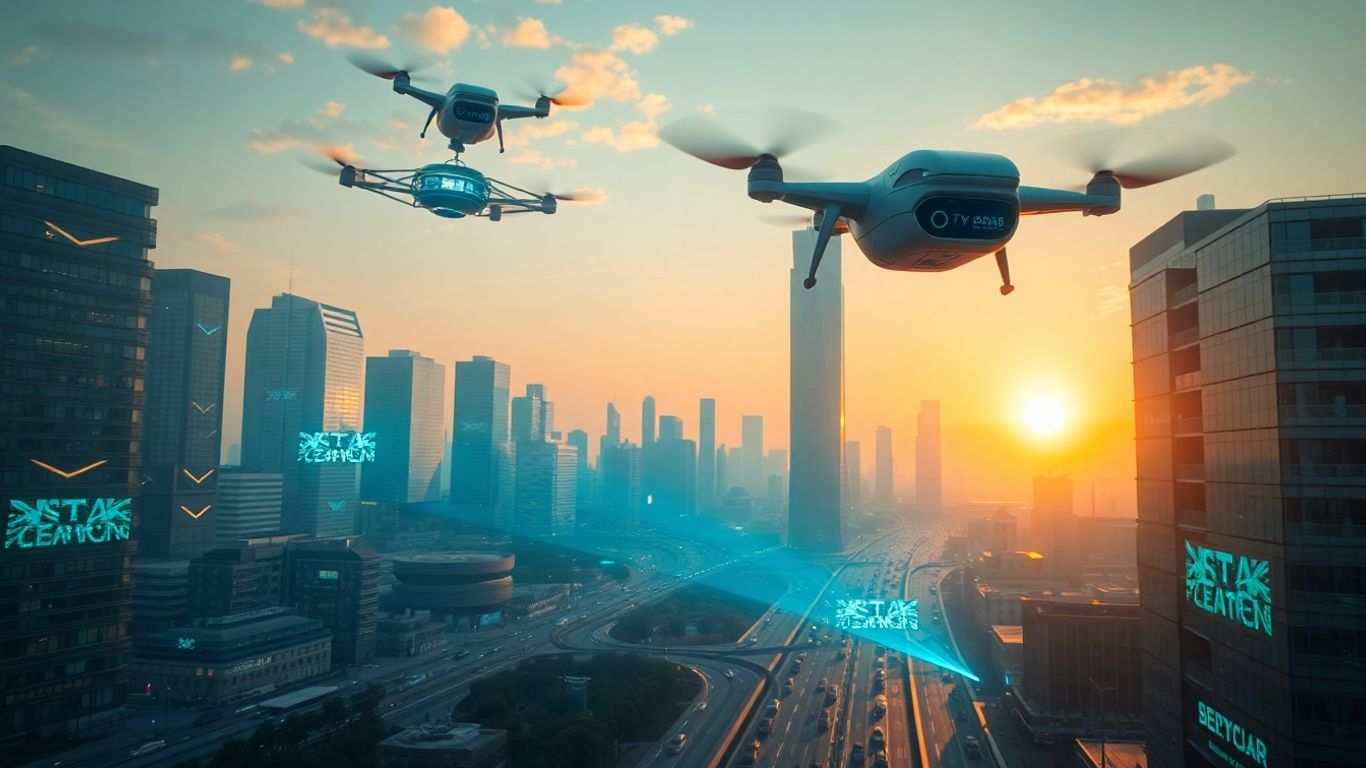 Futuristic cityscape with flying cars and drones.