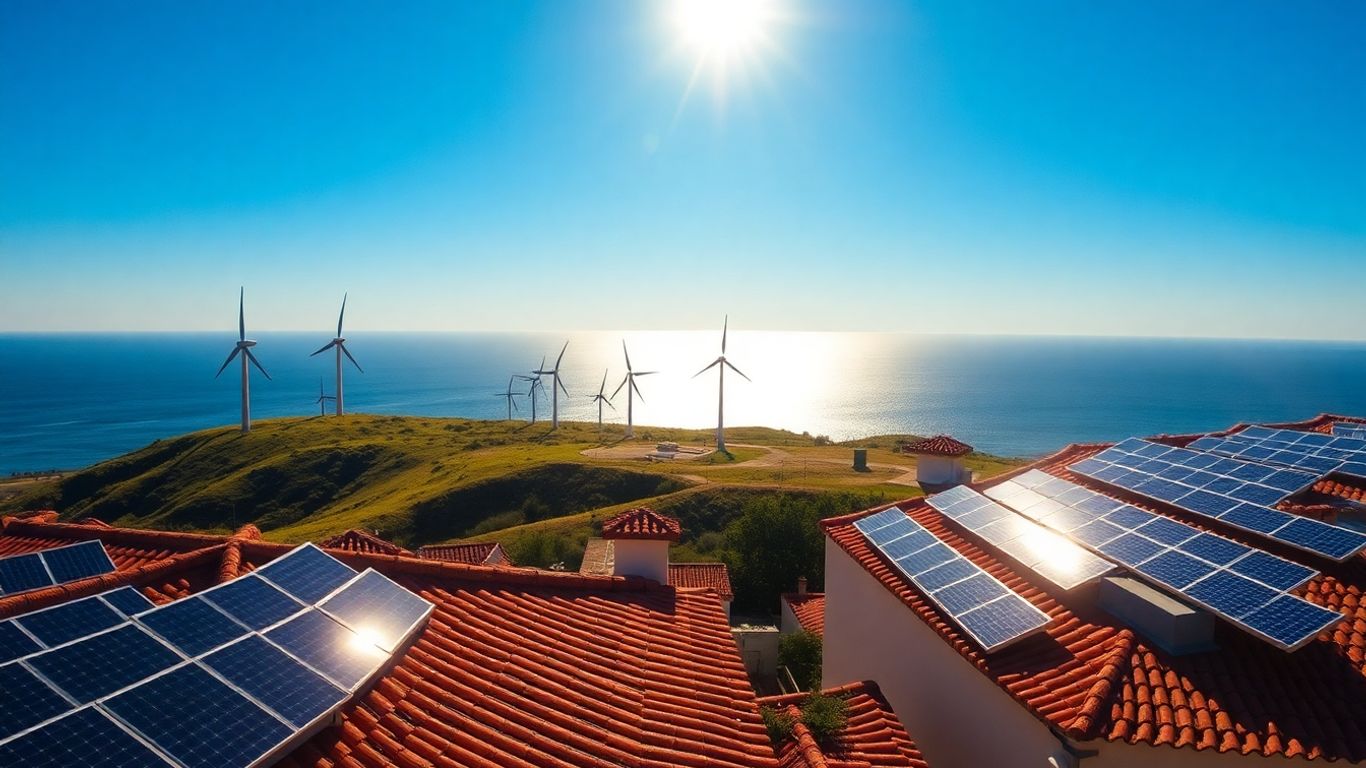 Éoliennes et panneaux solaires au Portugal, production d'énergie renouvelable.