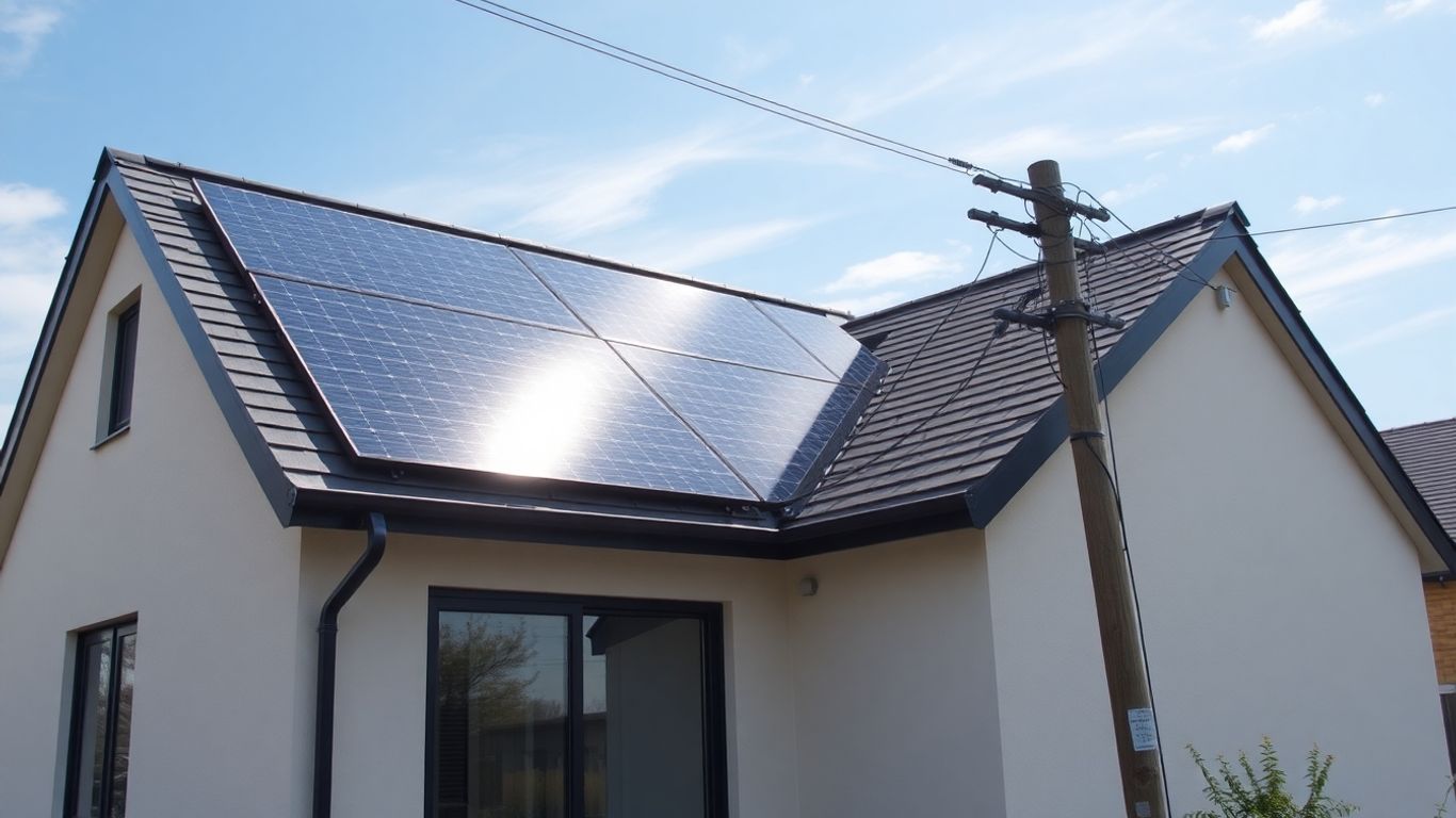 Maison avec panneaux solaires reliée au réseau électrique