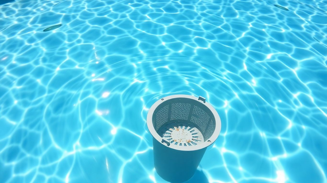 Pool skimmer basket collecting leaves from clear pool water surface.
