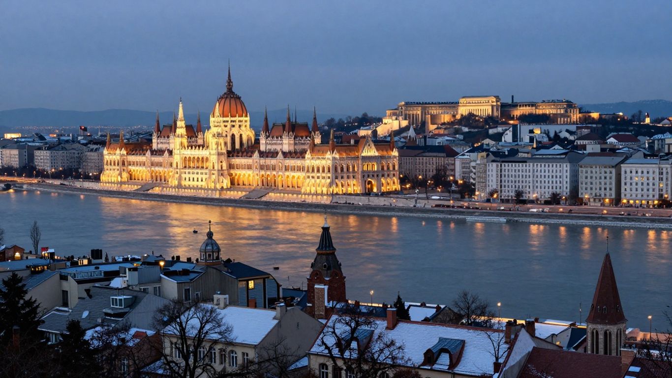 Budapest skyline with Parliament Building and Buda Castle at dusk.