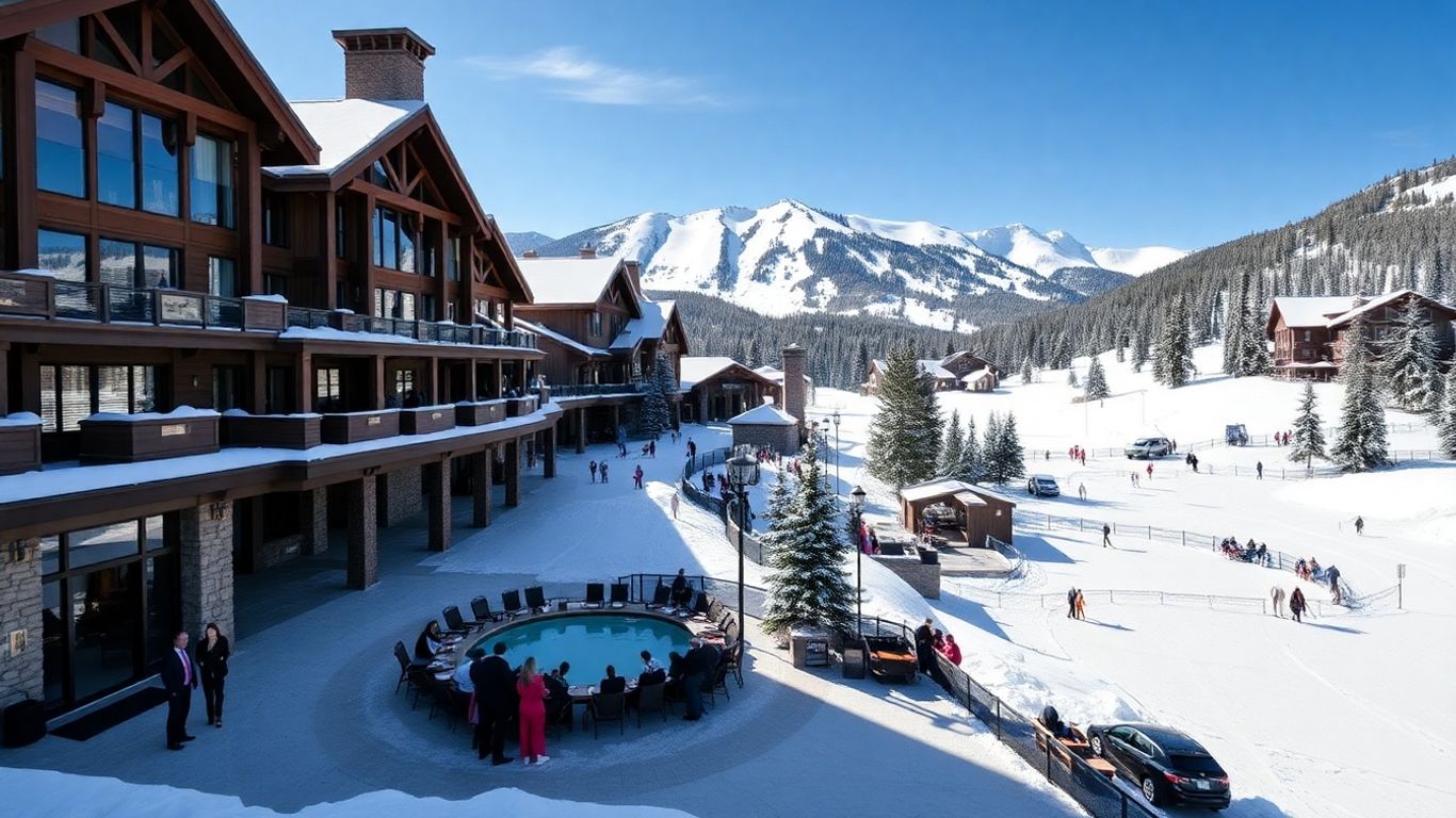 Resort de esquí lujoso en Colorado con laderas nevadas y albergues alpinos