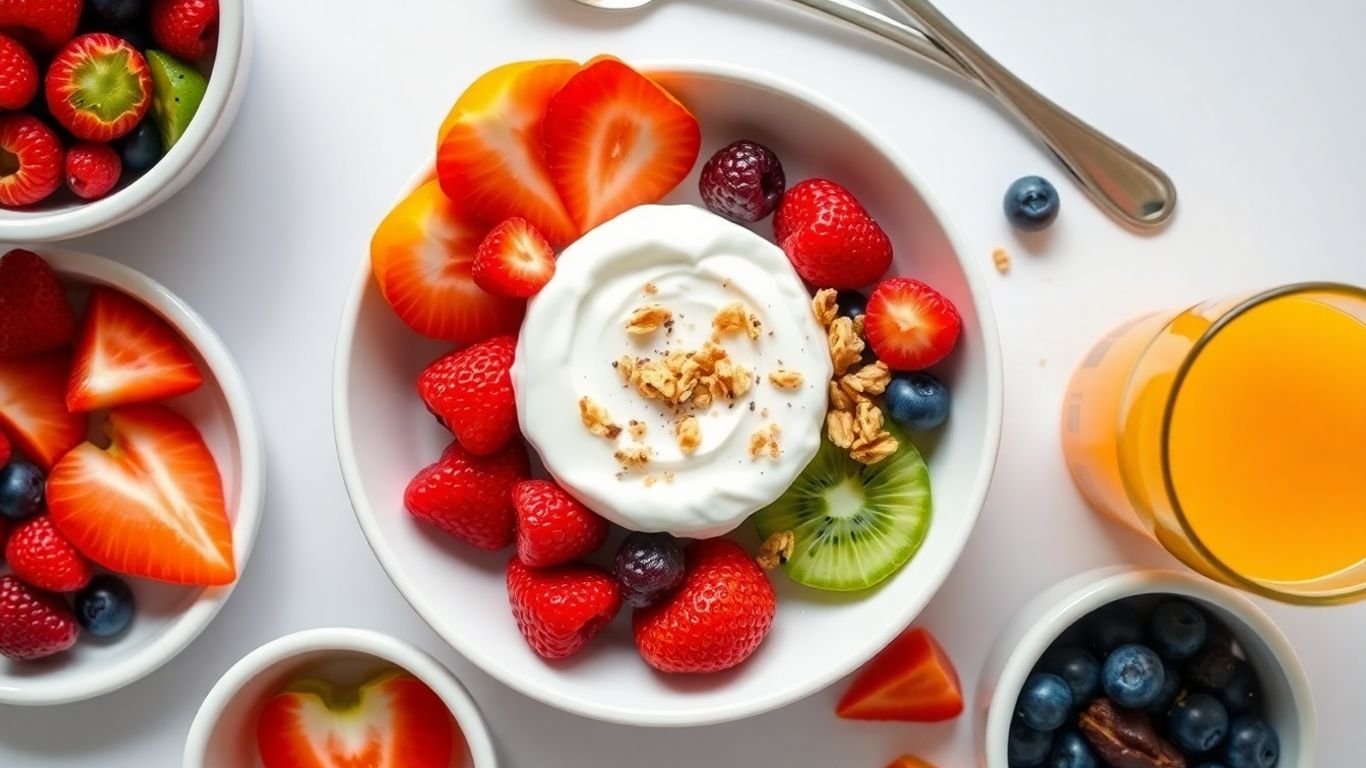 Healthy low-calorie breakfast spread with fruits and yogurt.