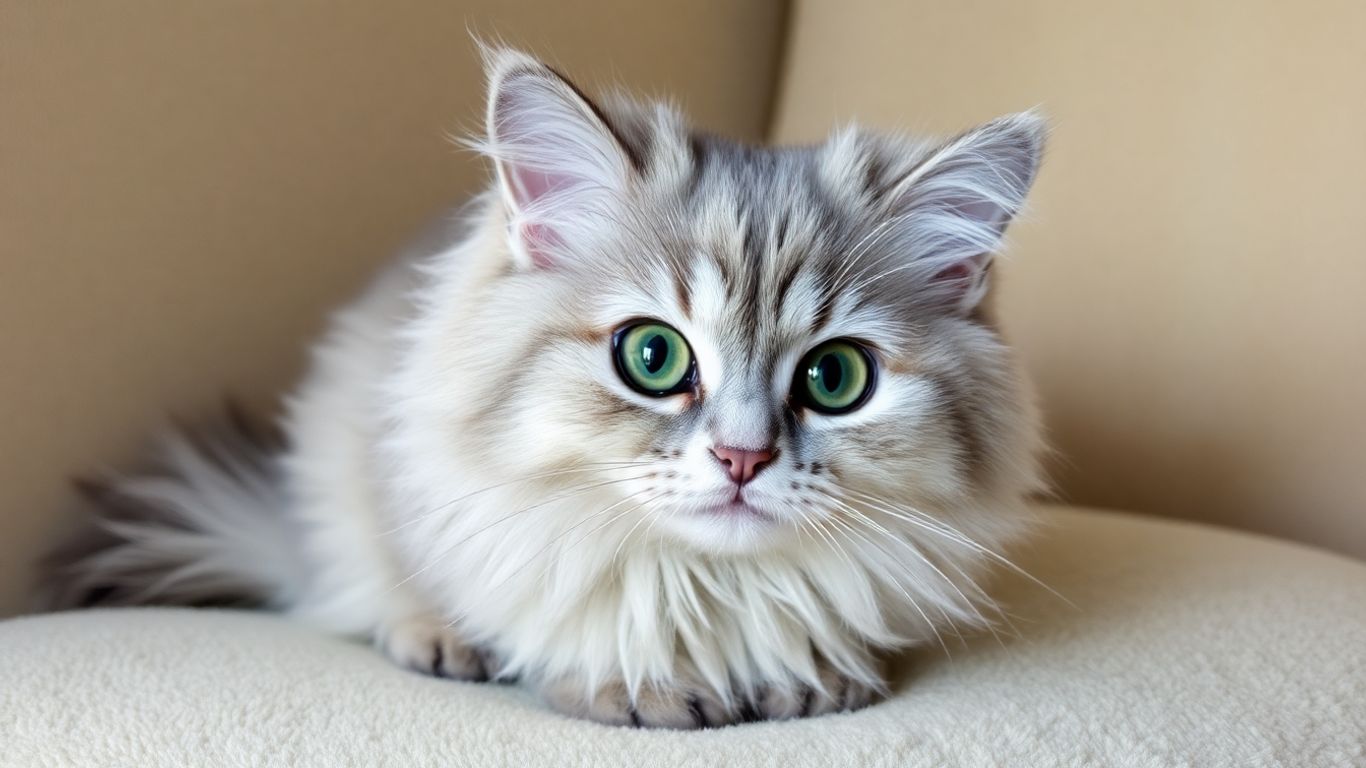 Fluffy silver chinchilla cat with large green eyes.