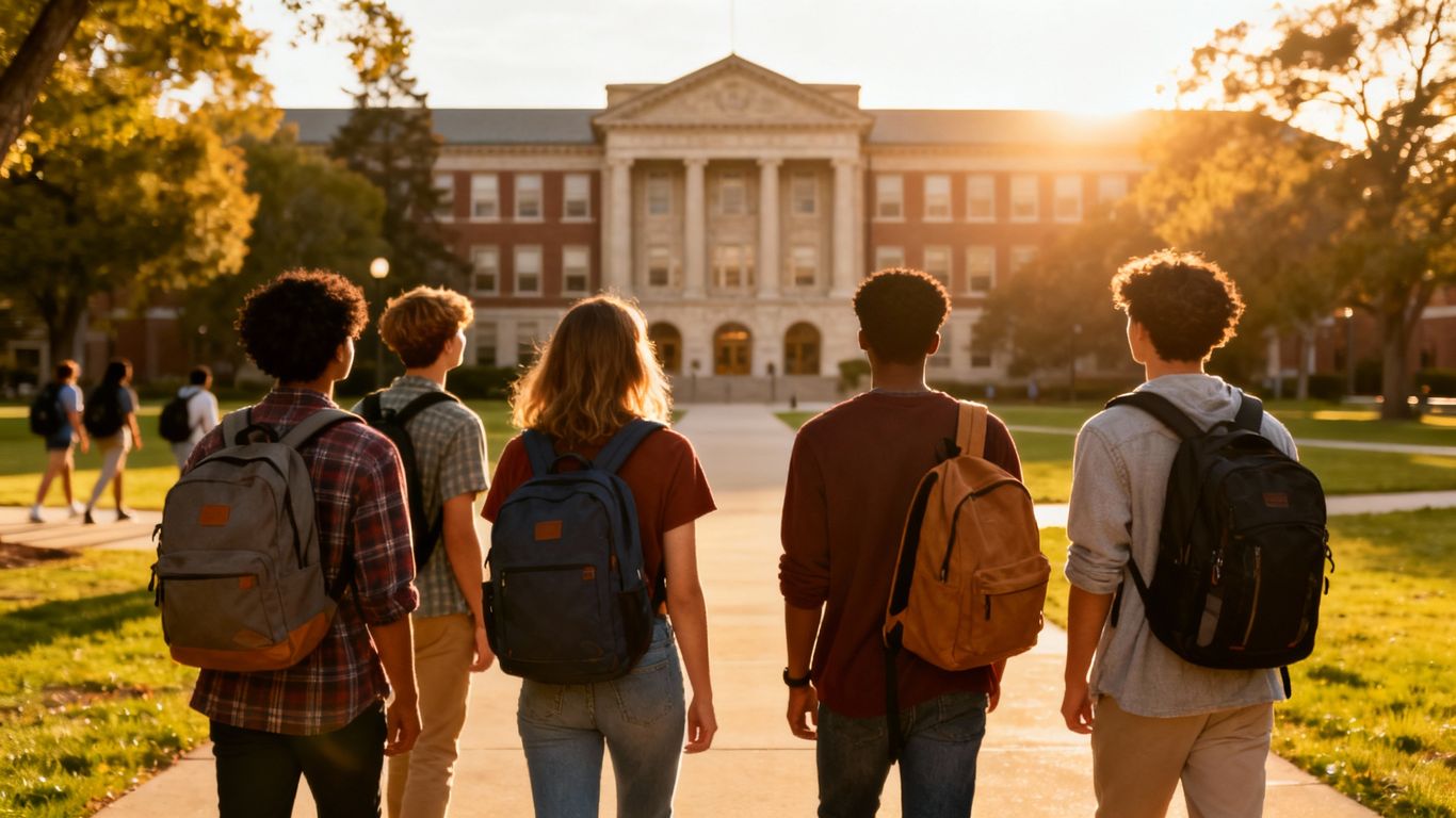 Students on a university campus with backpacks.