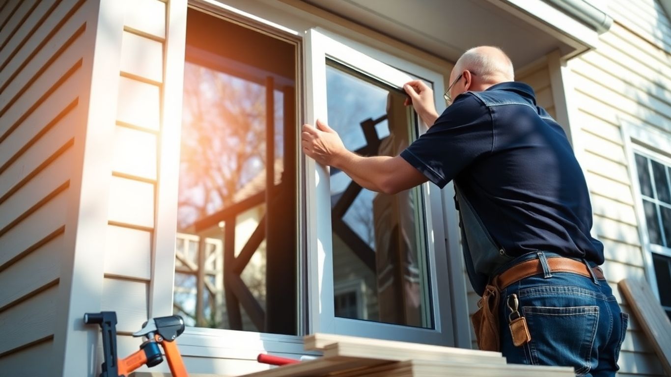 Contractor installing a window on a house exterior.