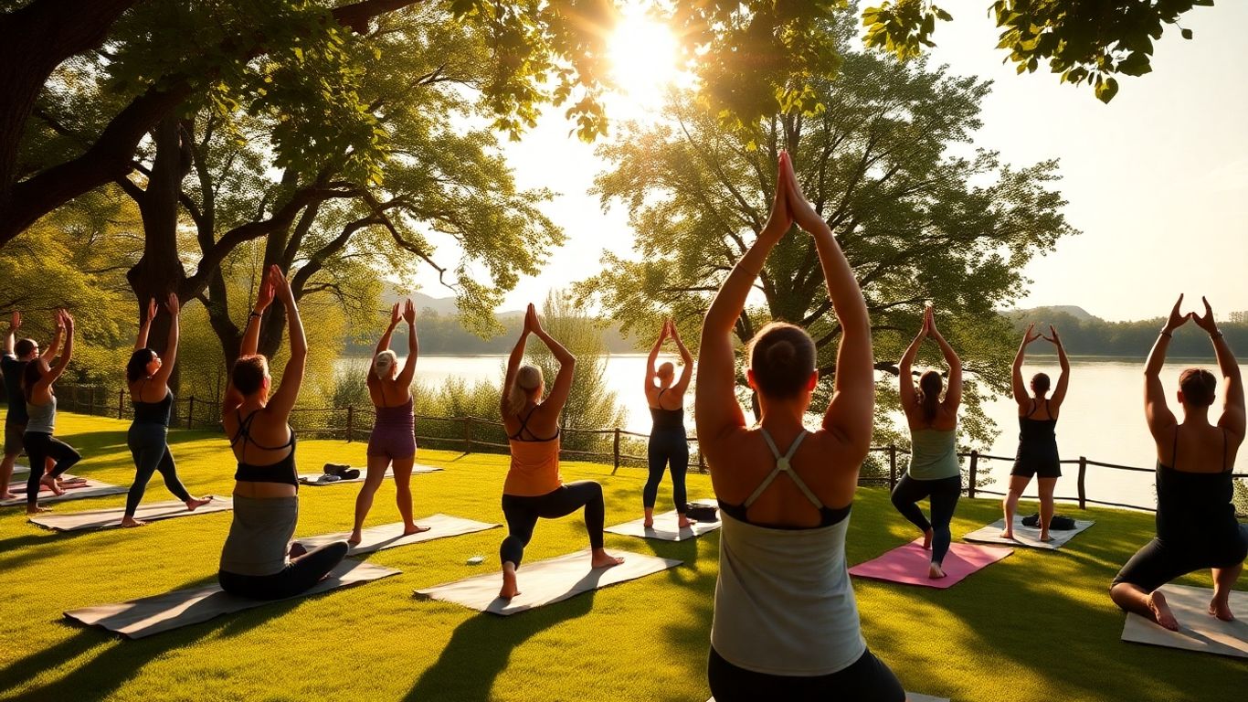 Serene yoga retreat overlooking a calm lake in Victoria.
