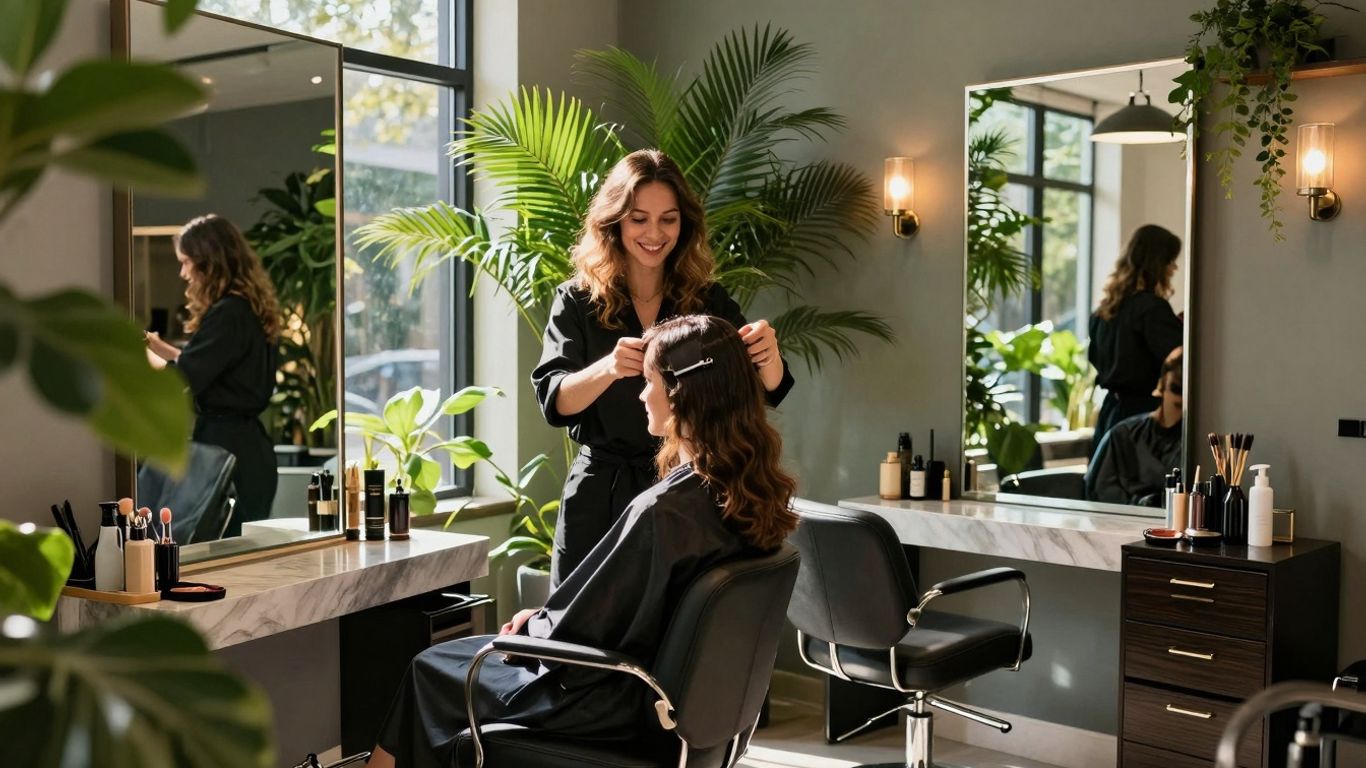 Beauty salon interior with happy client and stylist.