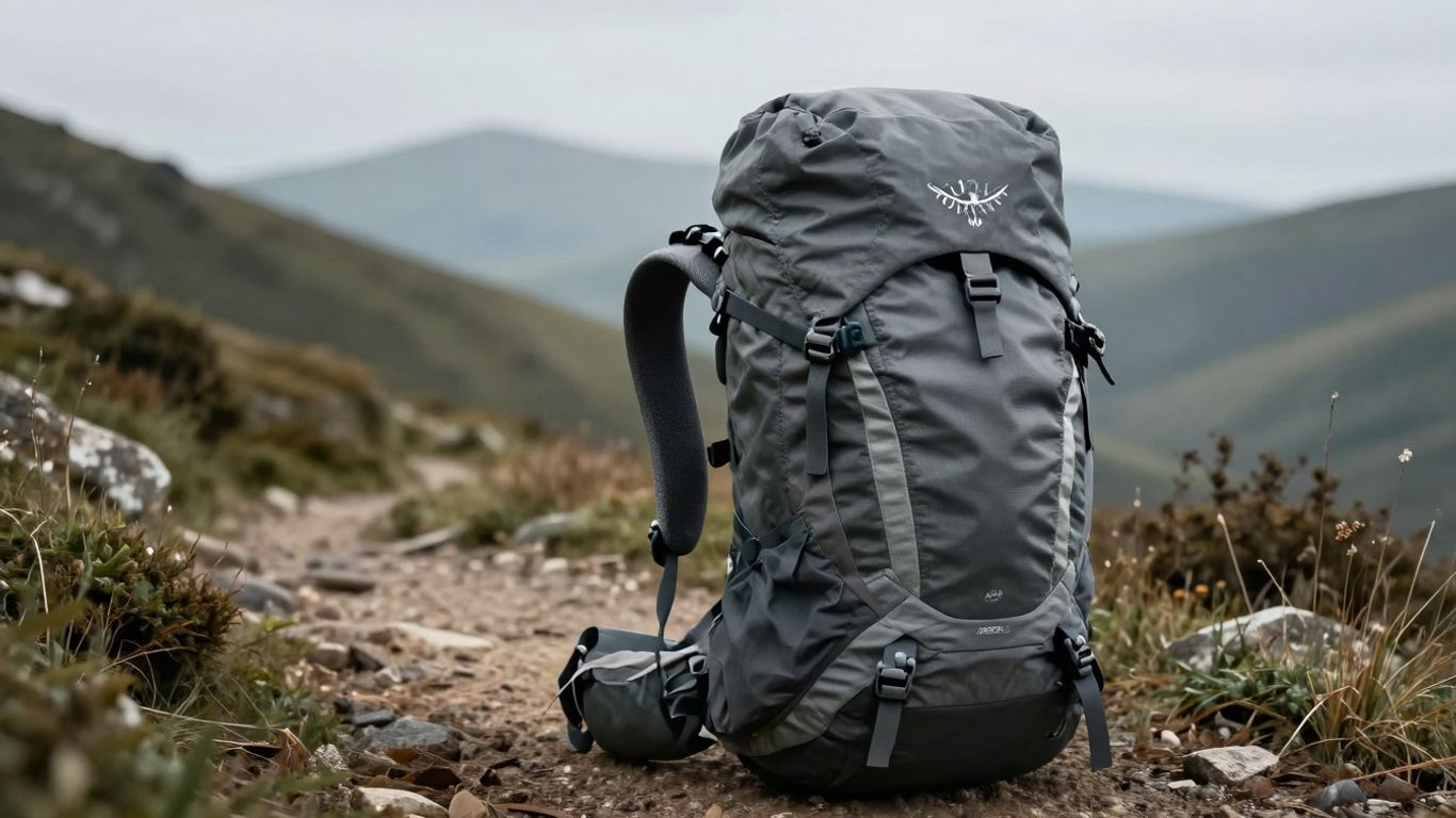 Osprey Atmos 50 backpack on a hiking trail.