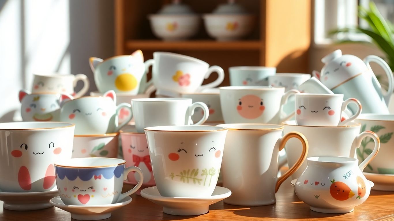 Cute kawaii tea cups with animal designs.