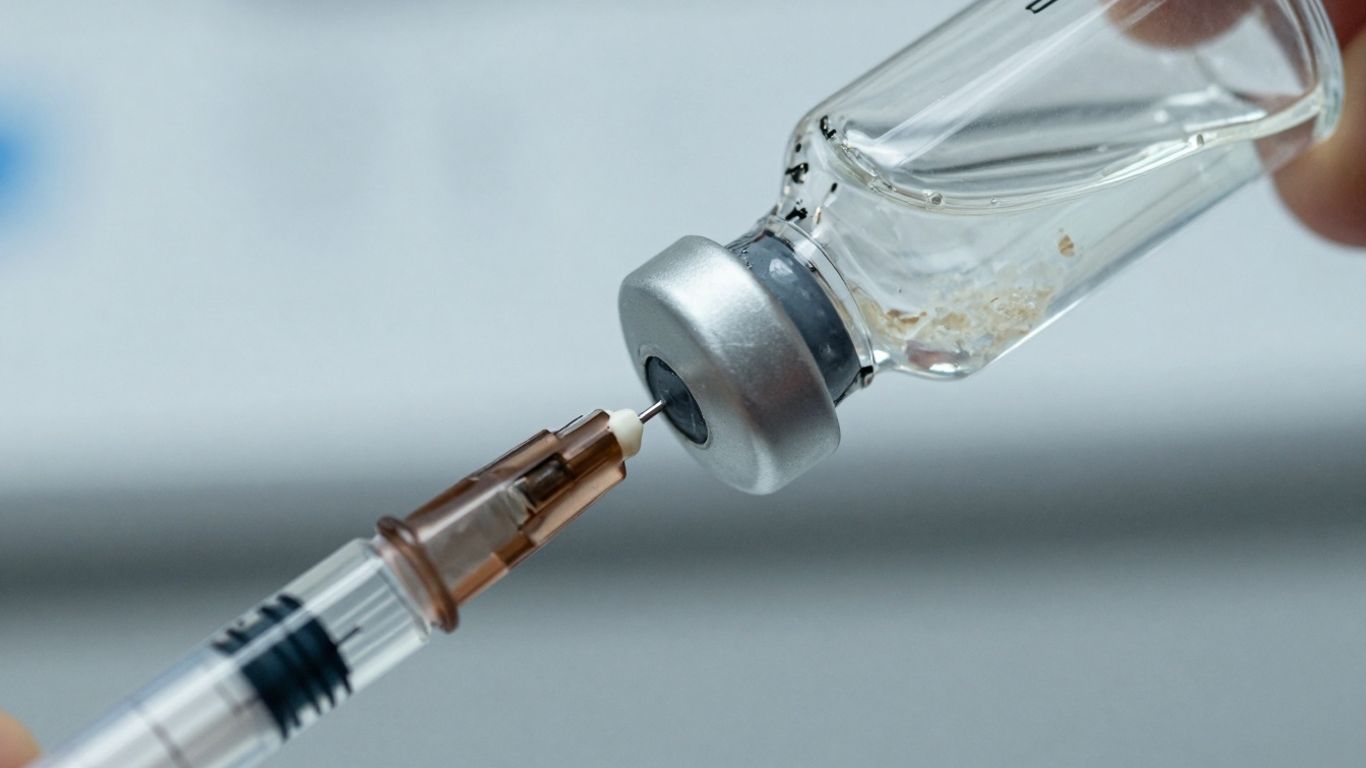Syringe drawing liquid from vial for peptide injection.