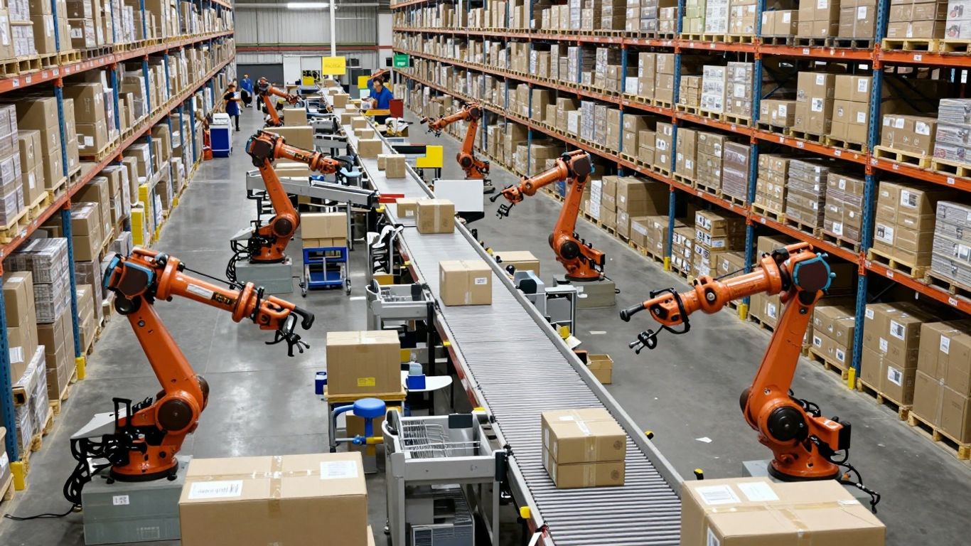 Amazon fulfillment center with shelves, boxes, and robots.