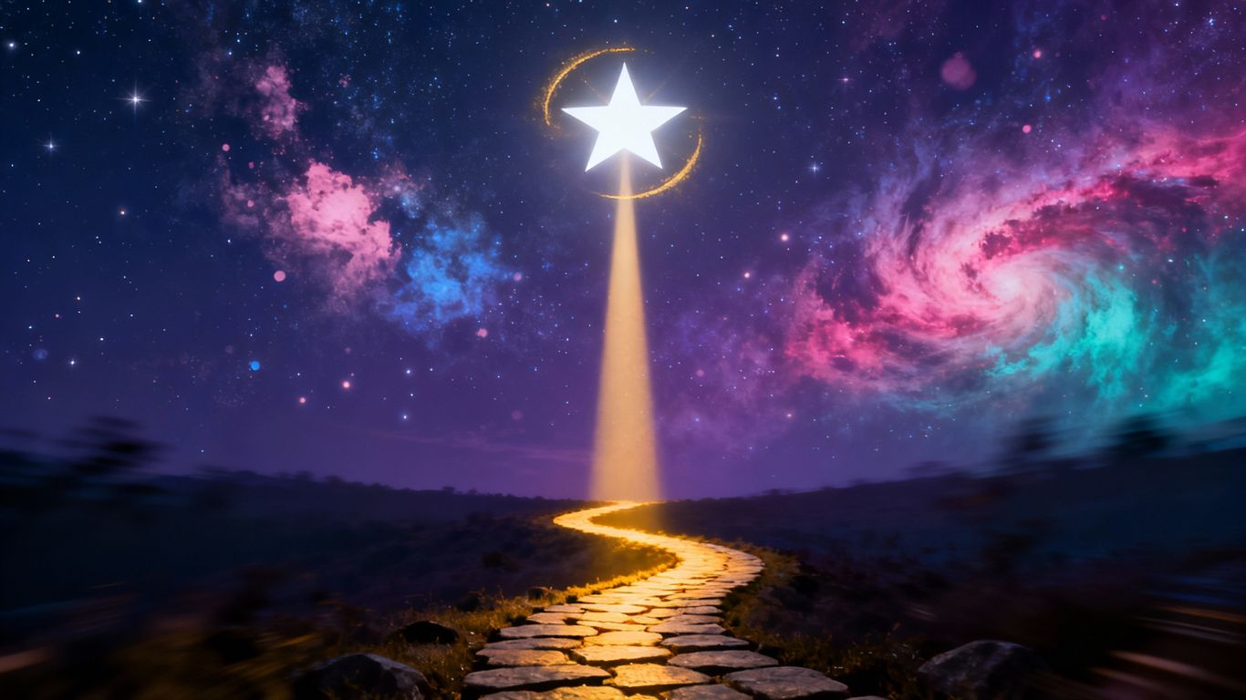 Celestial night sky with a glowing star at its zenith.