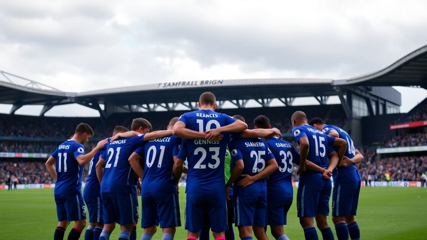 Joueurs de Chelsea en cercle sur le terrain de football.