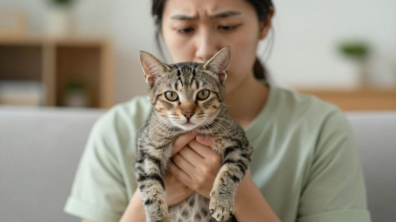 Thin cat being held by owner