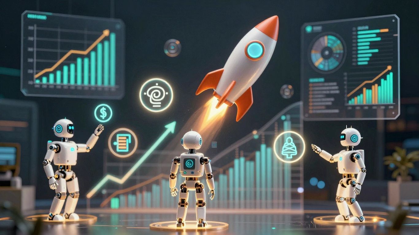 AI sales automation tools infographic with rocket ship.