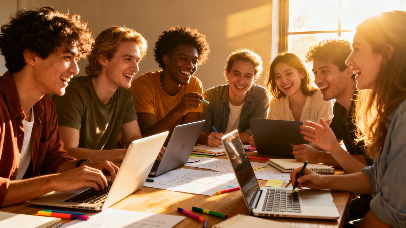 Startup team collaborating in a bright, sunlit room.