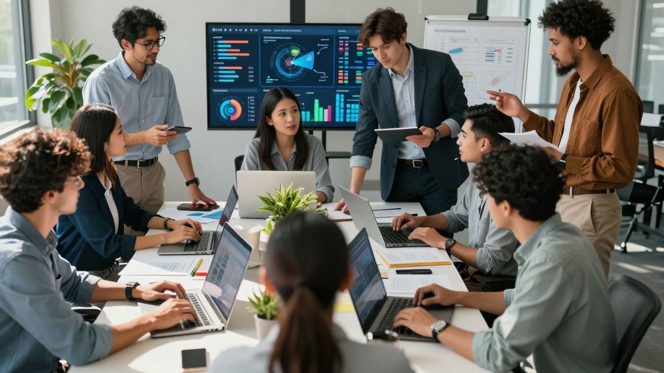 Oameni discutând strategii de campanie media în birou.