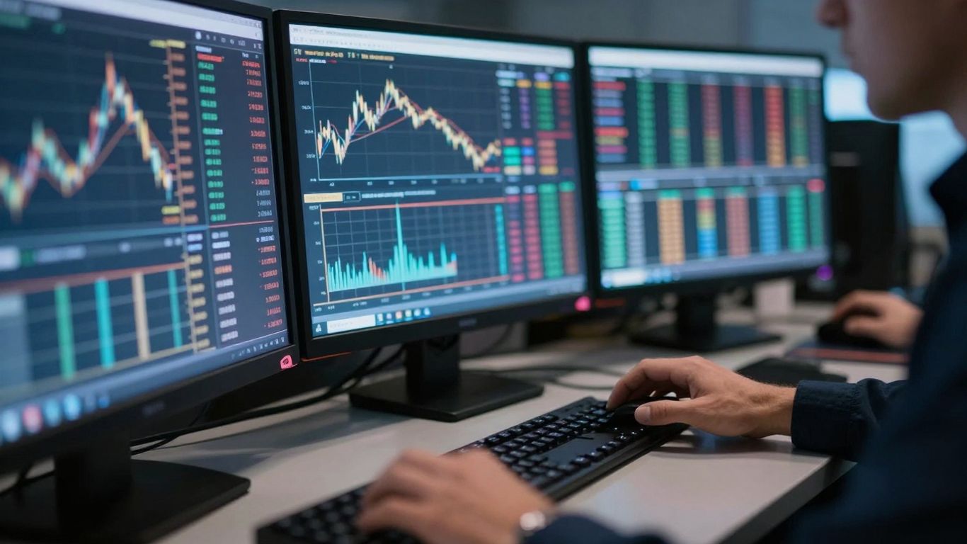 Forex trading terminal with glowing screens and reflections.