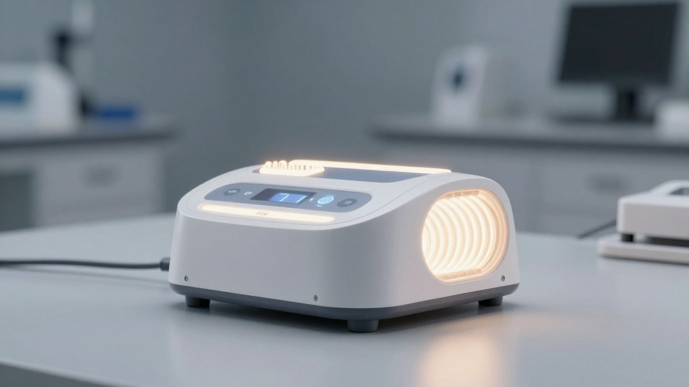 Modern PEMF machine with glowing coils in a lab.
