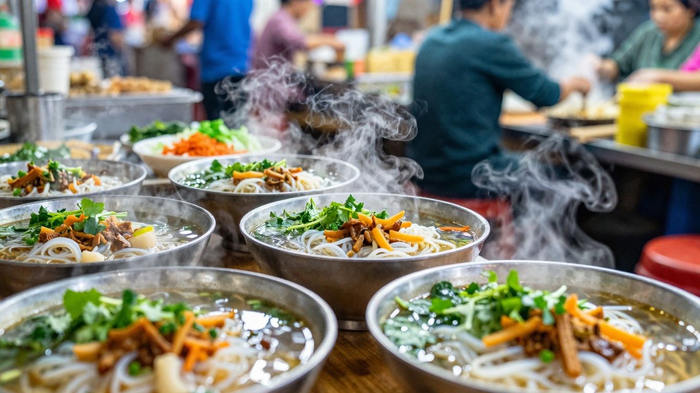 Mâncare stradală vietnameză: boluri cu tăiței și ierburi proaspete.