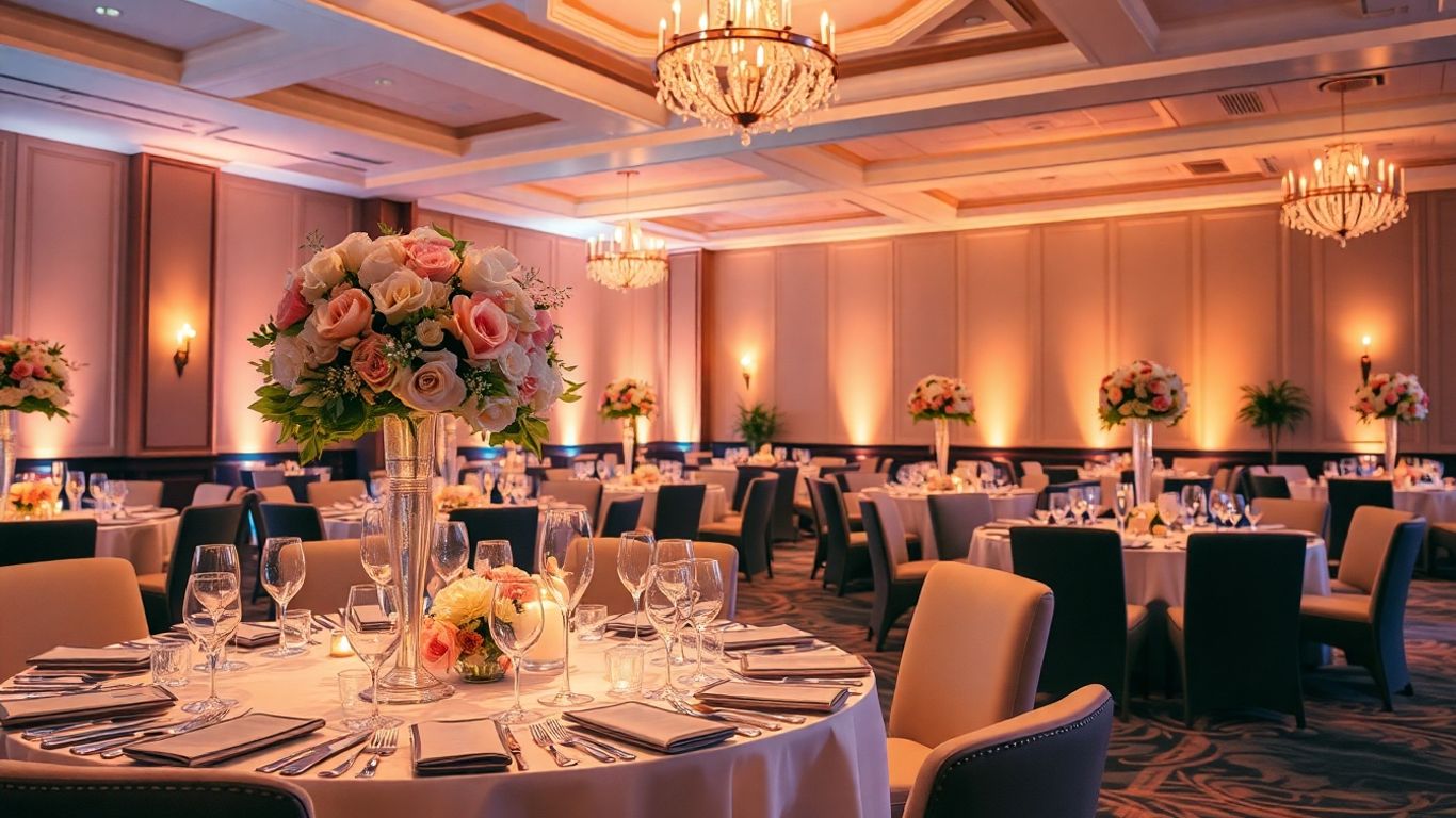 Elegant Dallas event space with ambient lighting and floral decor.