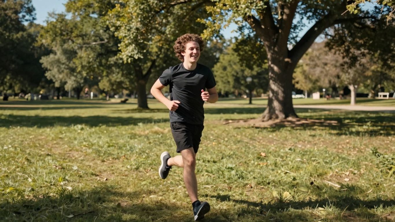 Person rennt glücklich durch einen sonnigen Park.