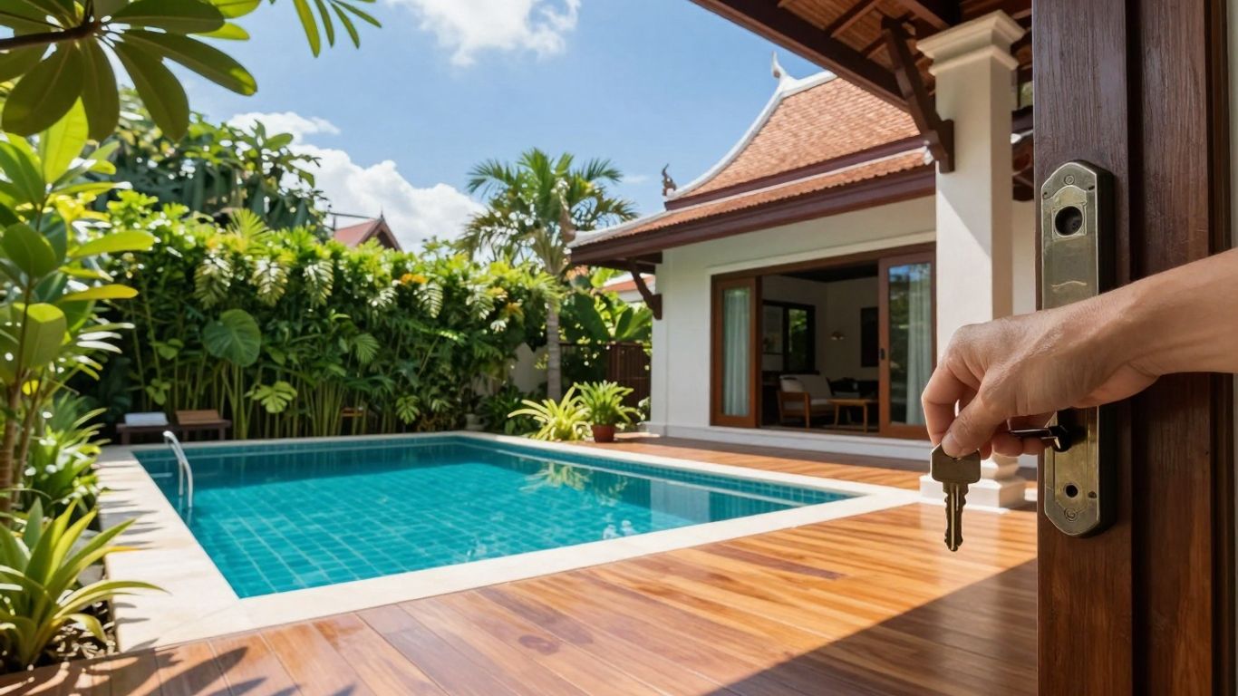 Thai villa with swimming pool and a hand holding a key.