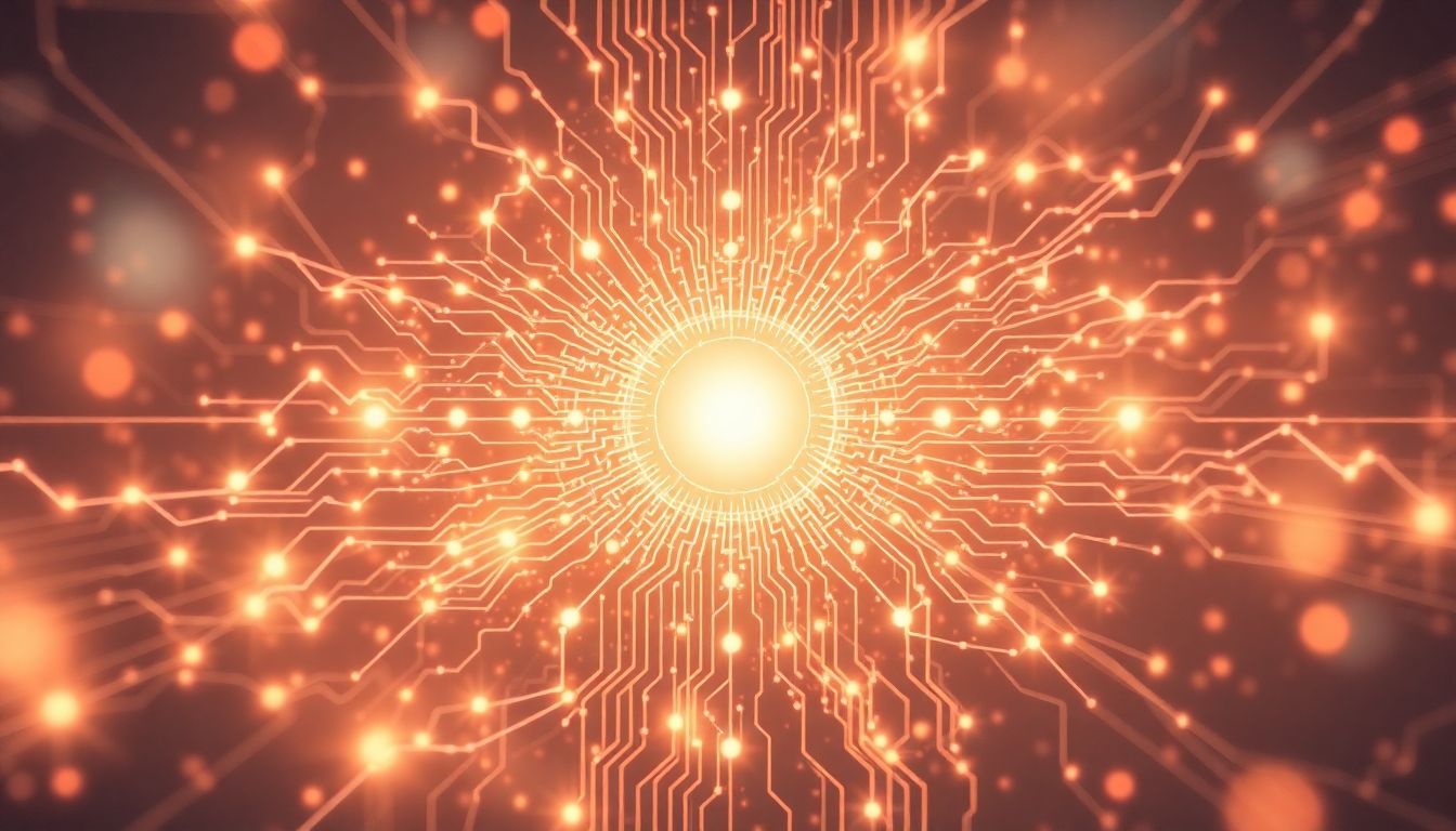 AI circuits merging with divine light, symbolizing technology and spirituality.