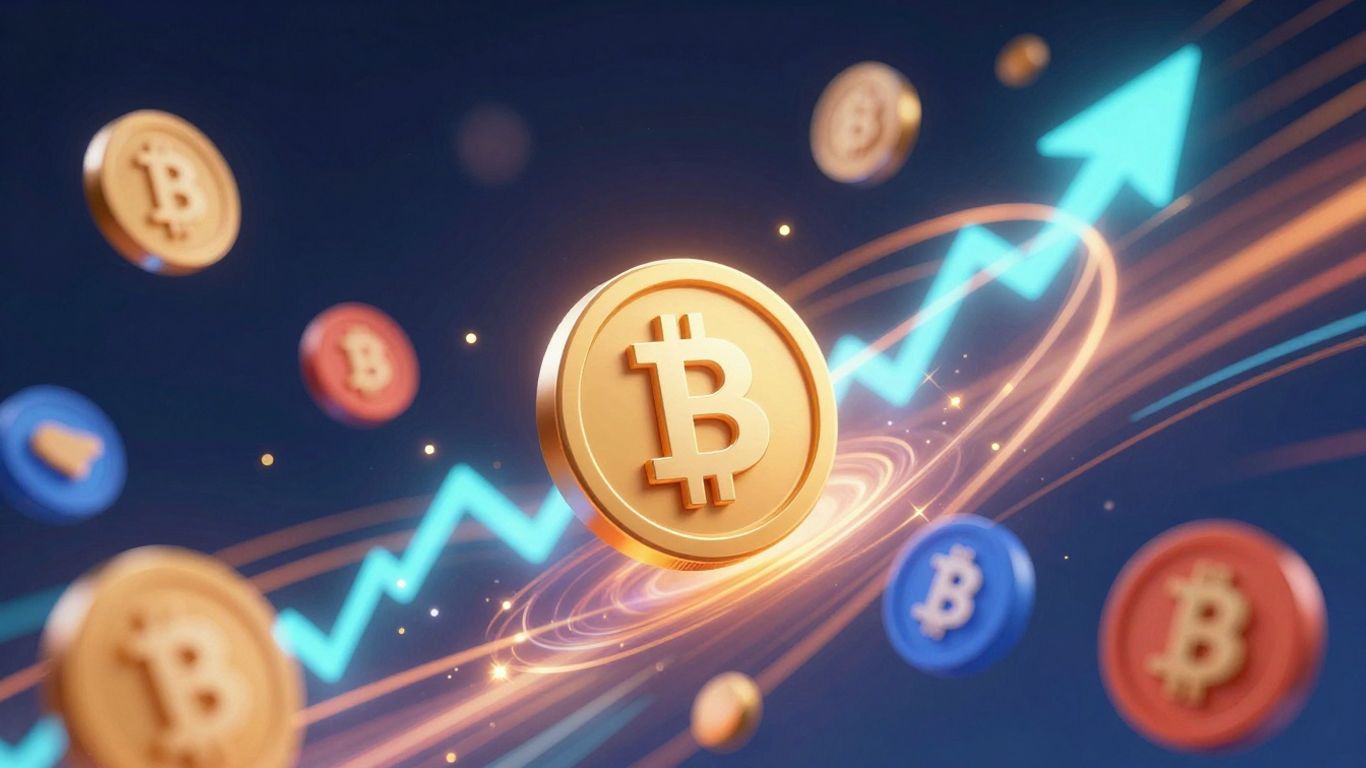 Cryptocurrency icons surging upwards with bright, energetic colors.