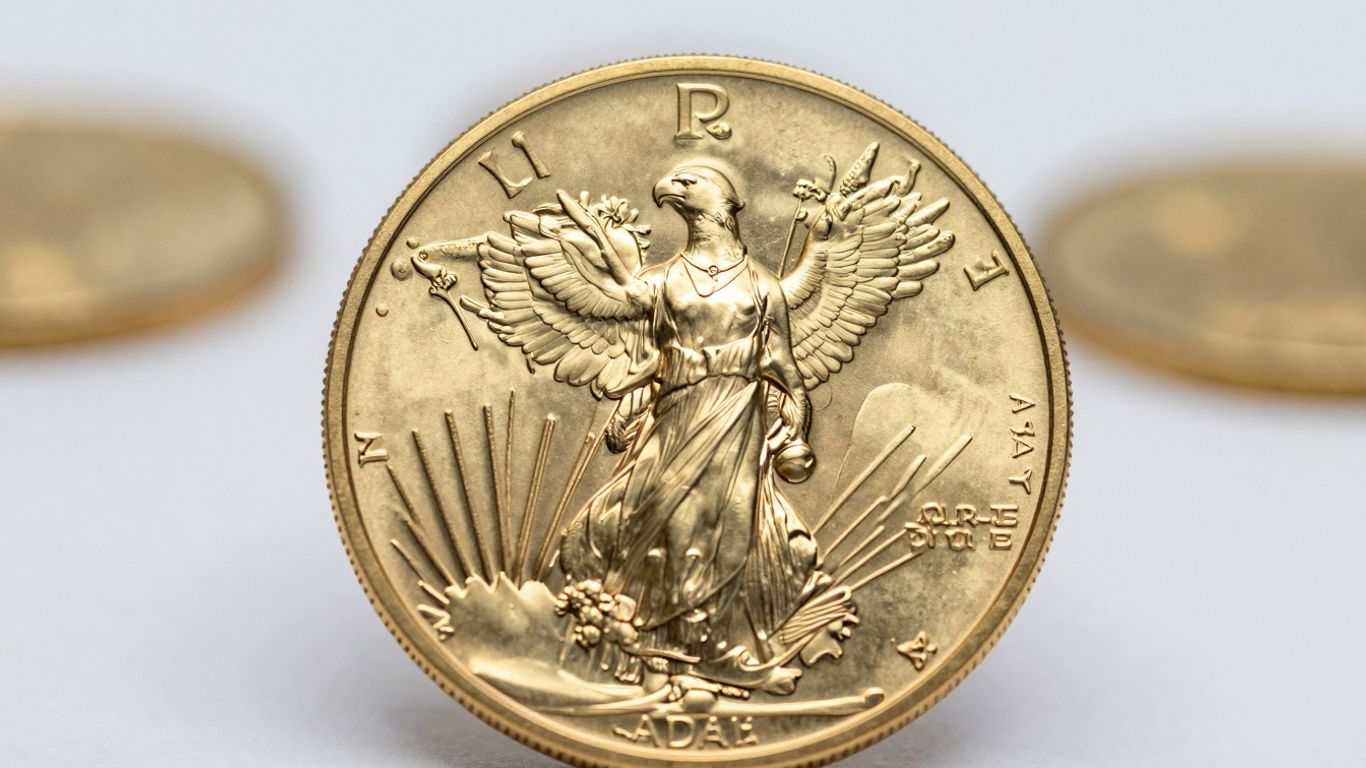 Close-up of a shiny American Gold Eagle coin.