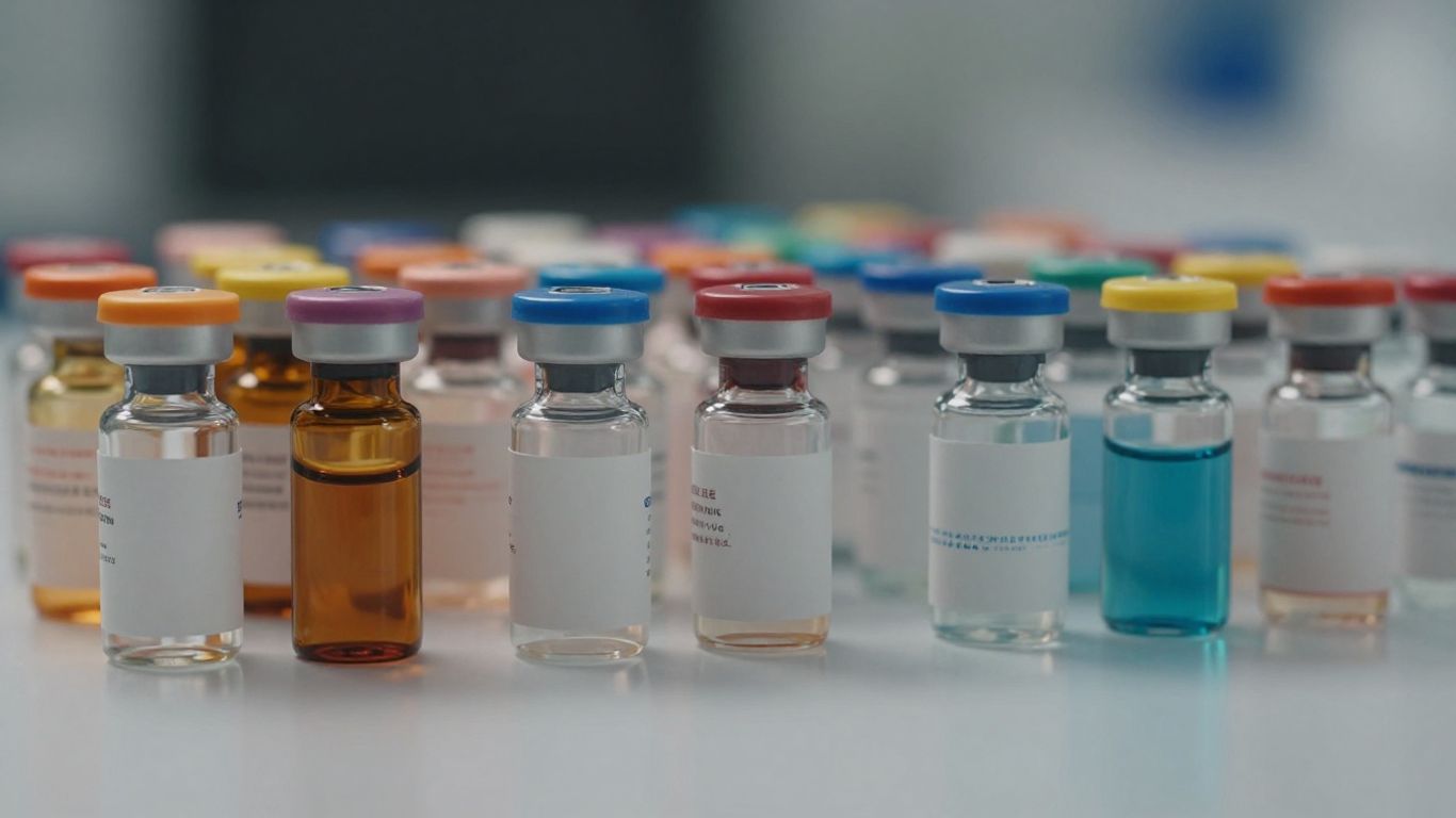 Colorful vials of SARMs on a reflective surface.