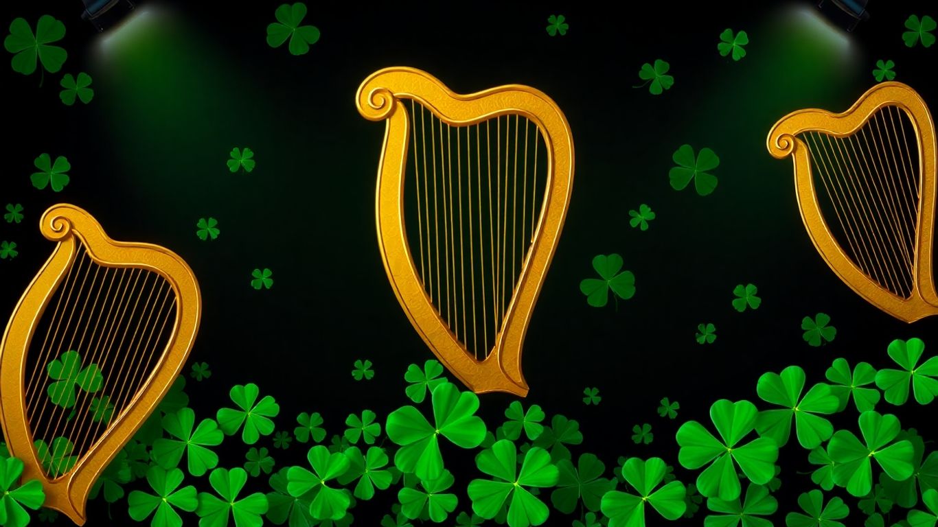 Irish comedy symbols: shamrocks and harps.