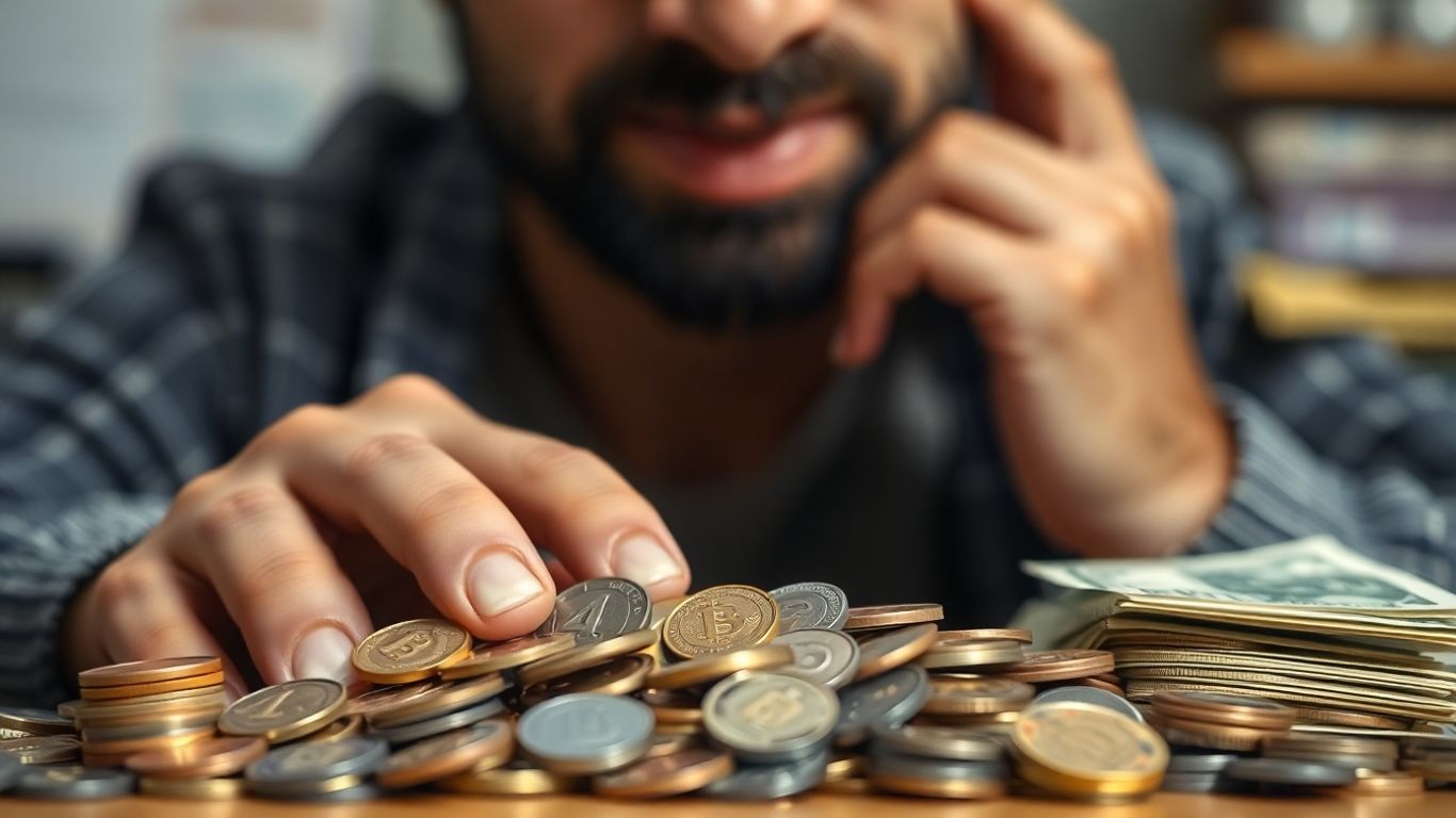Person planning finances with coins and bills.
