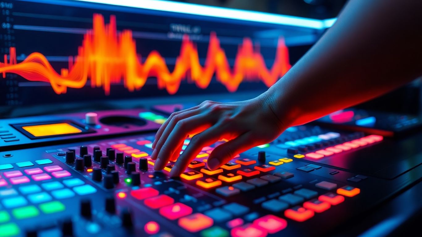 Hands on futuristic music production console with sound waves.