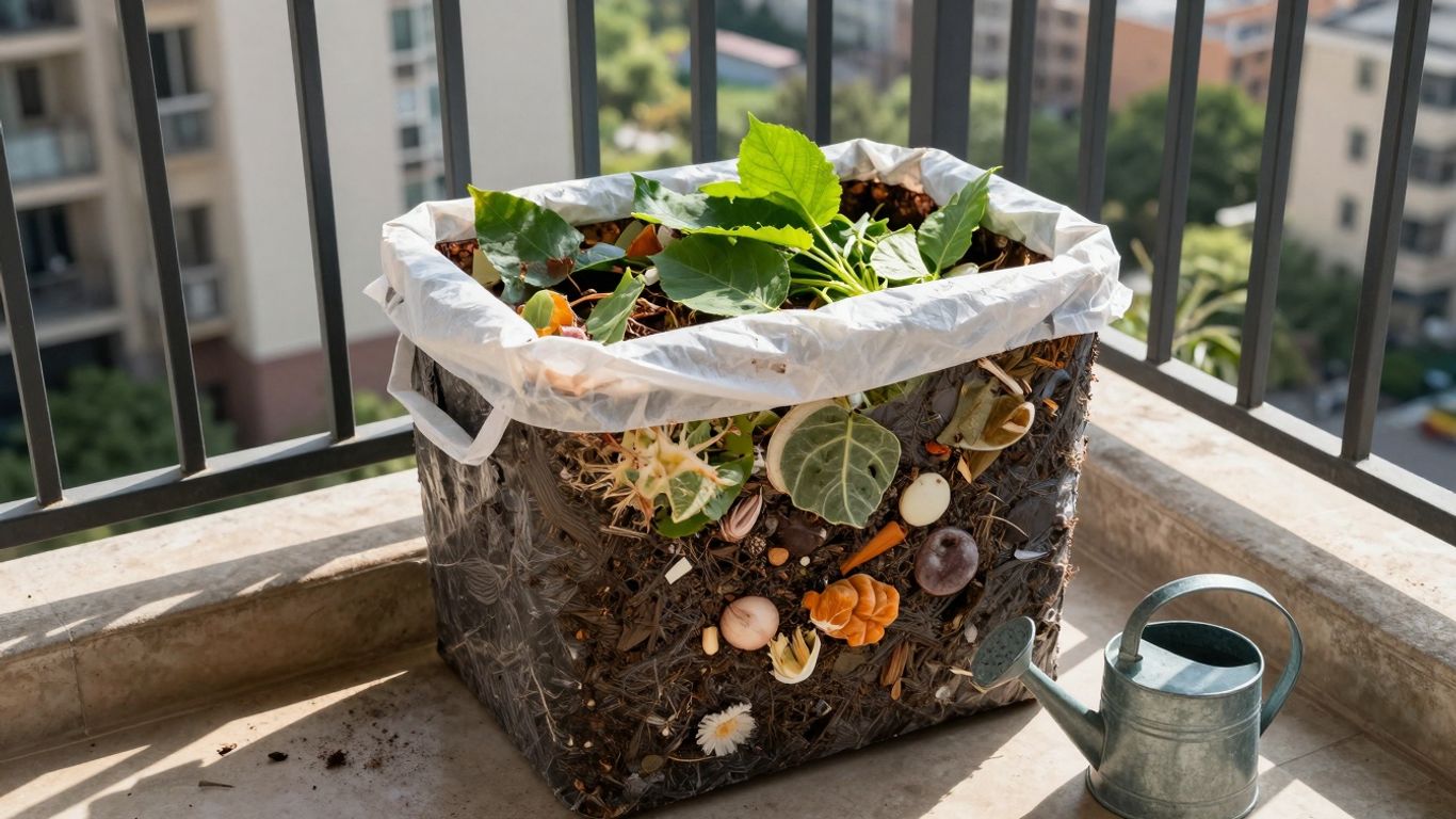 Compostor DIY pe balcon, cu resturi vegetale și unelte.