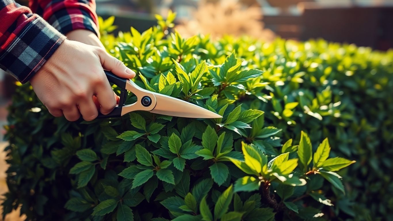 Gärtner schneidet Hecke mit Schere im Herbst
