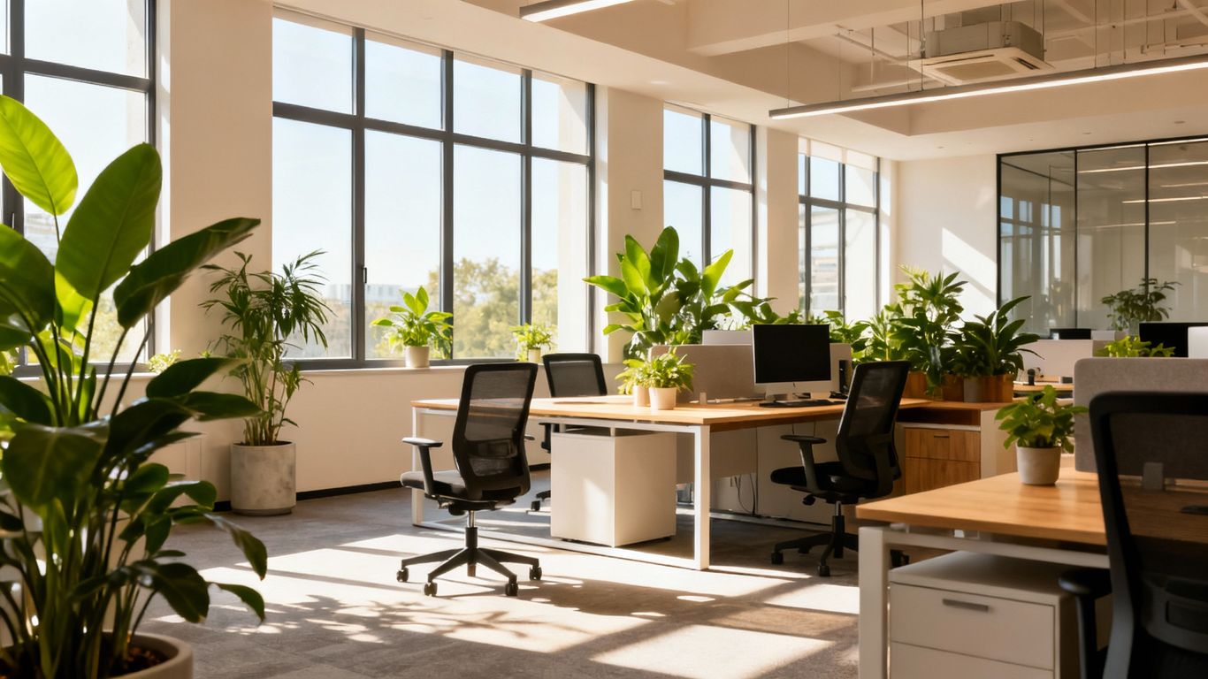 Zelené rastliny v moderných kanceláriách s prirodzeným svetlom.