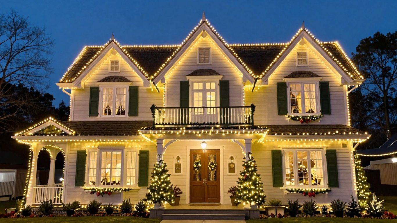 Professionally installed Christmas lights on a house.