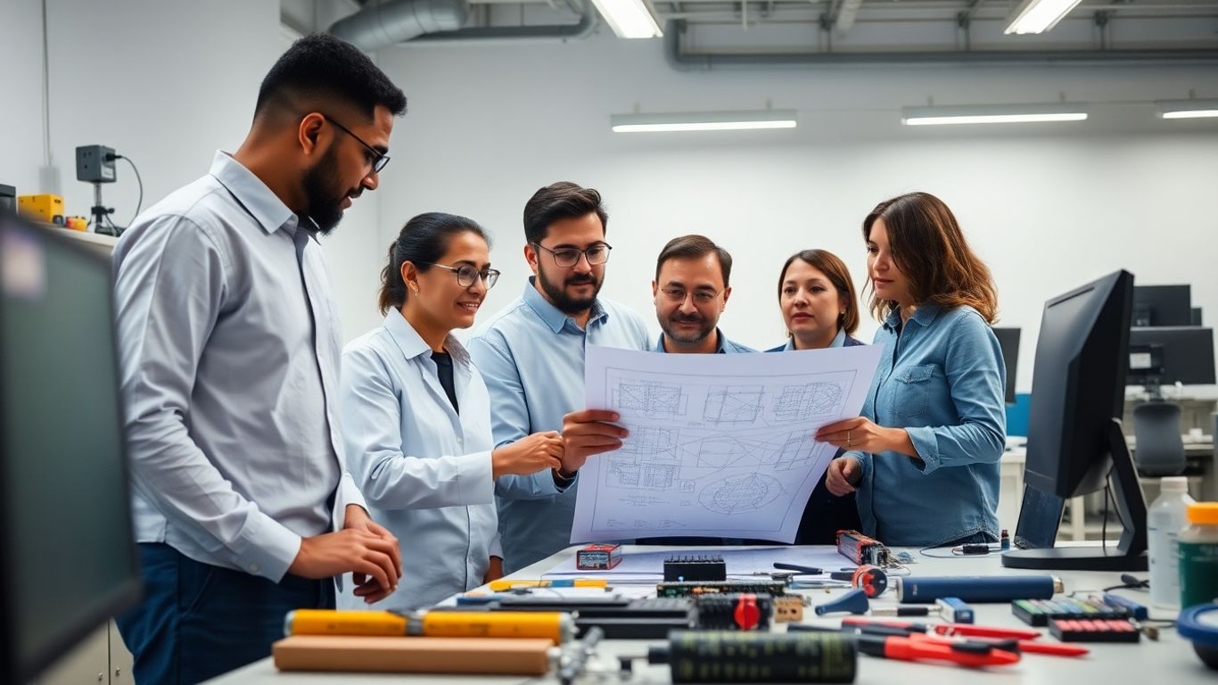 Engineers collaborating on a blueprint with monitors and tools.
